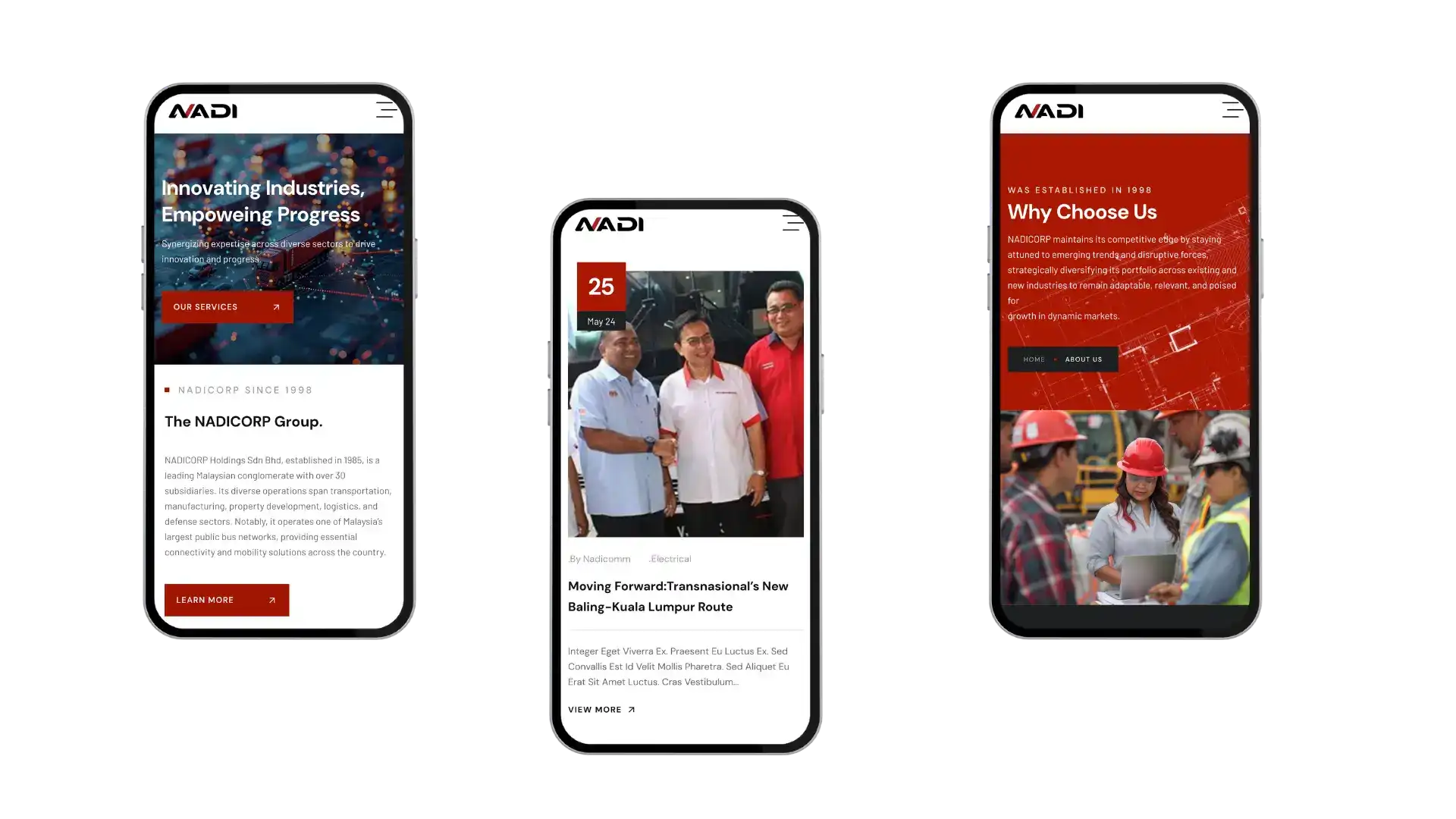 Nadi website on mobile devices showcasing their innovative industries and progress.