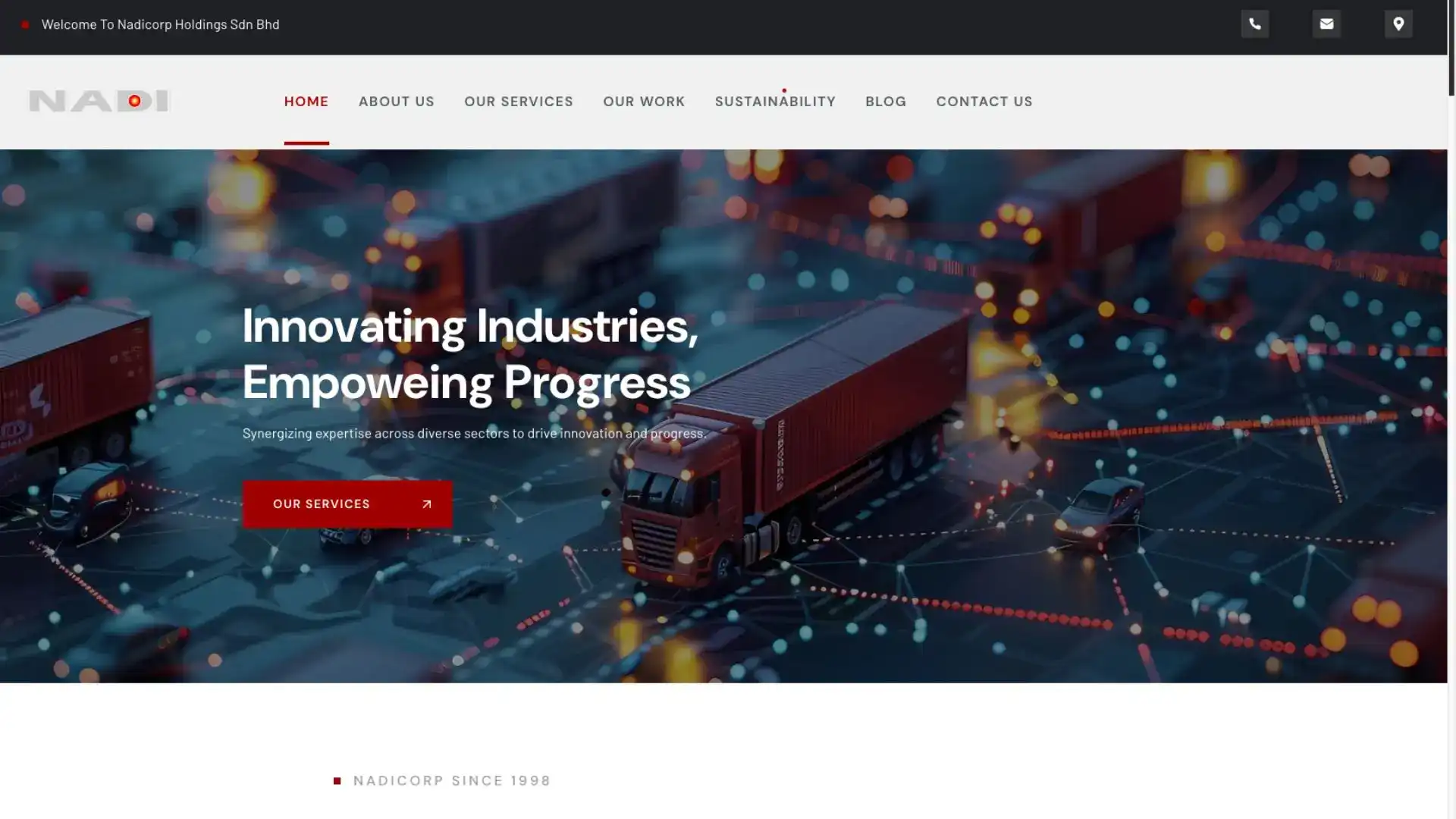 Nadi Corp: Trucks and cars connected by digital network, symbolizing industry innovation and progress.