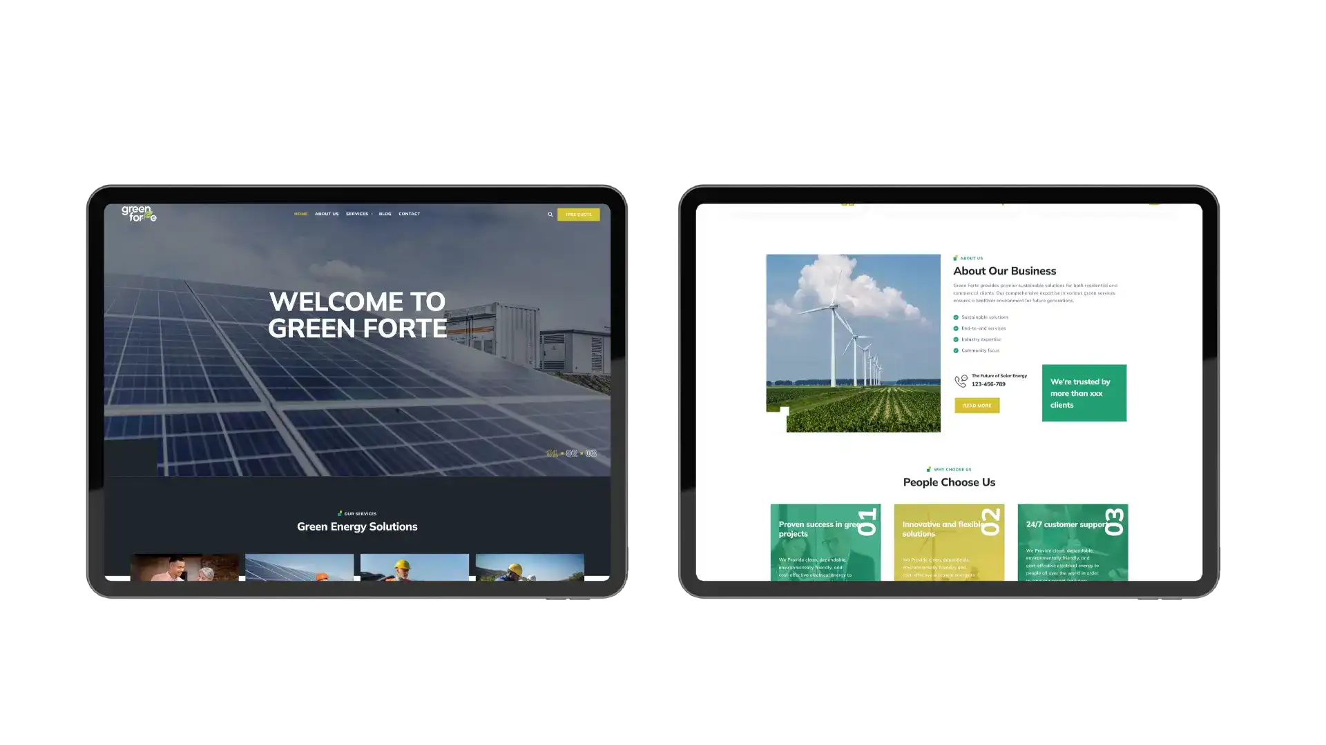 Green Forte's website showcasing solar panels and wind turbines, highlighting sustainable energy solutions.