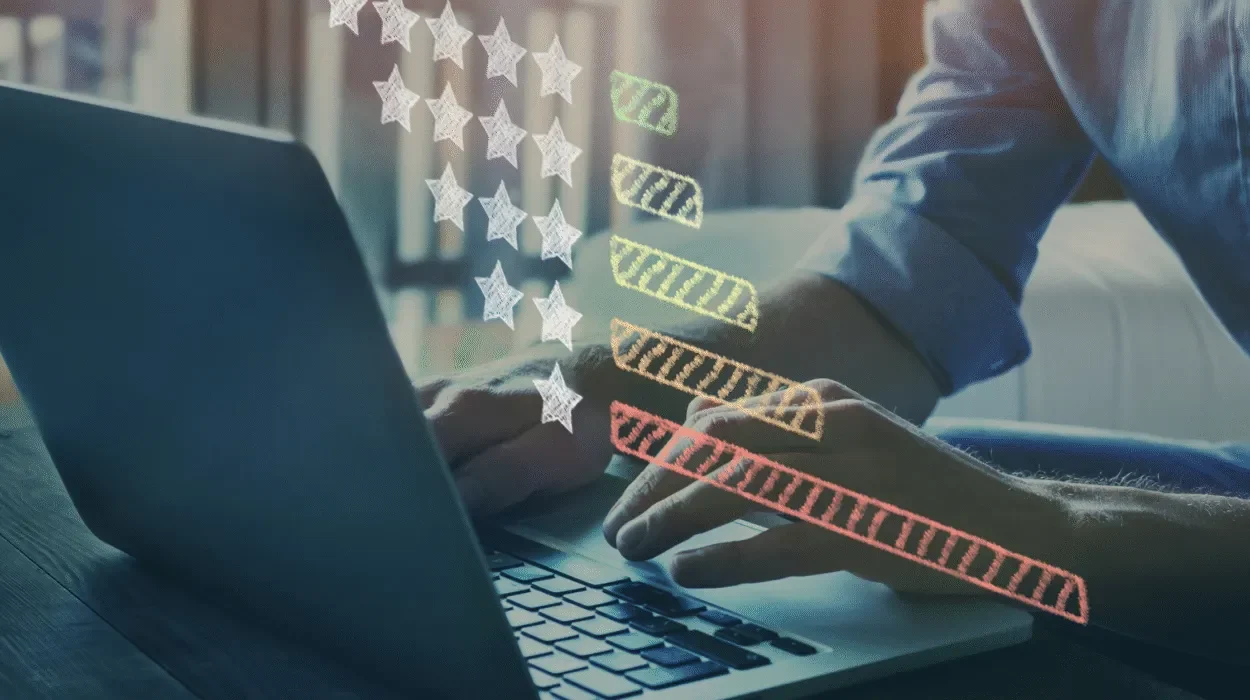 Typing on a laptop with a projected star rating graphic. Content marketing feedback.
