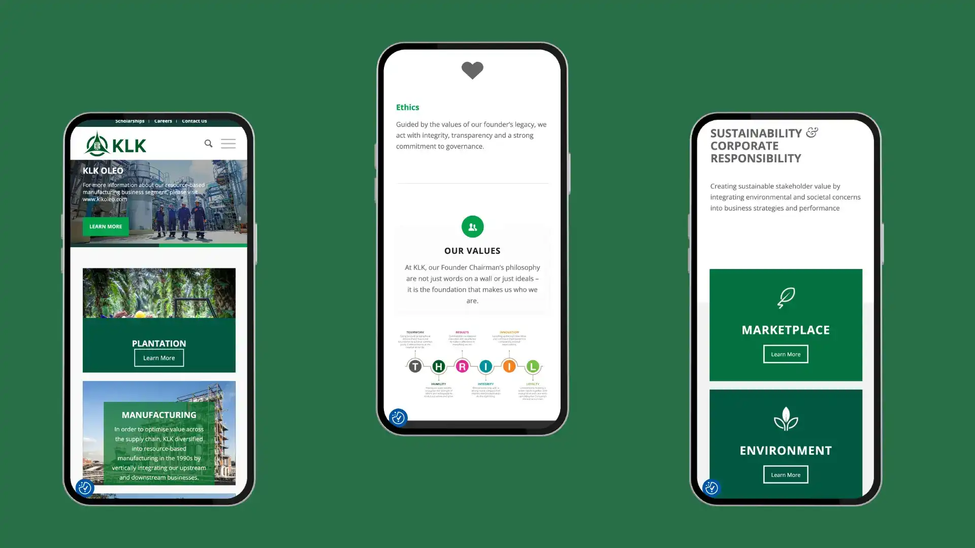 KLK website on mobile: Ethics, Values, Sustainability, and Corporate Responsibility.