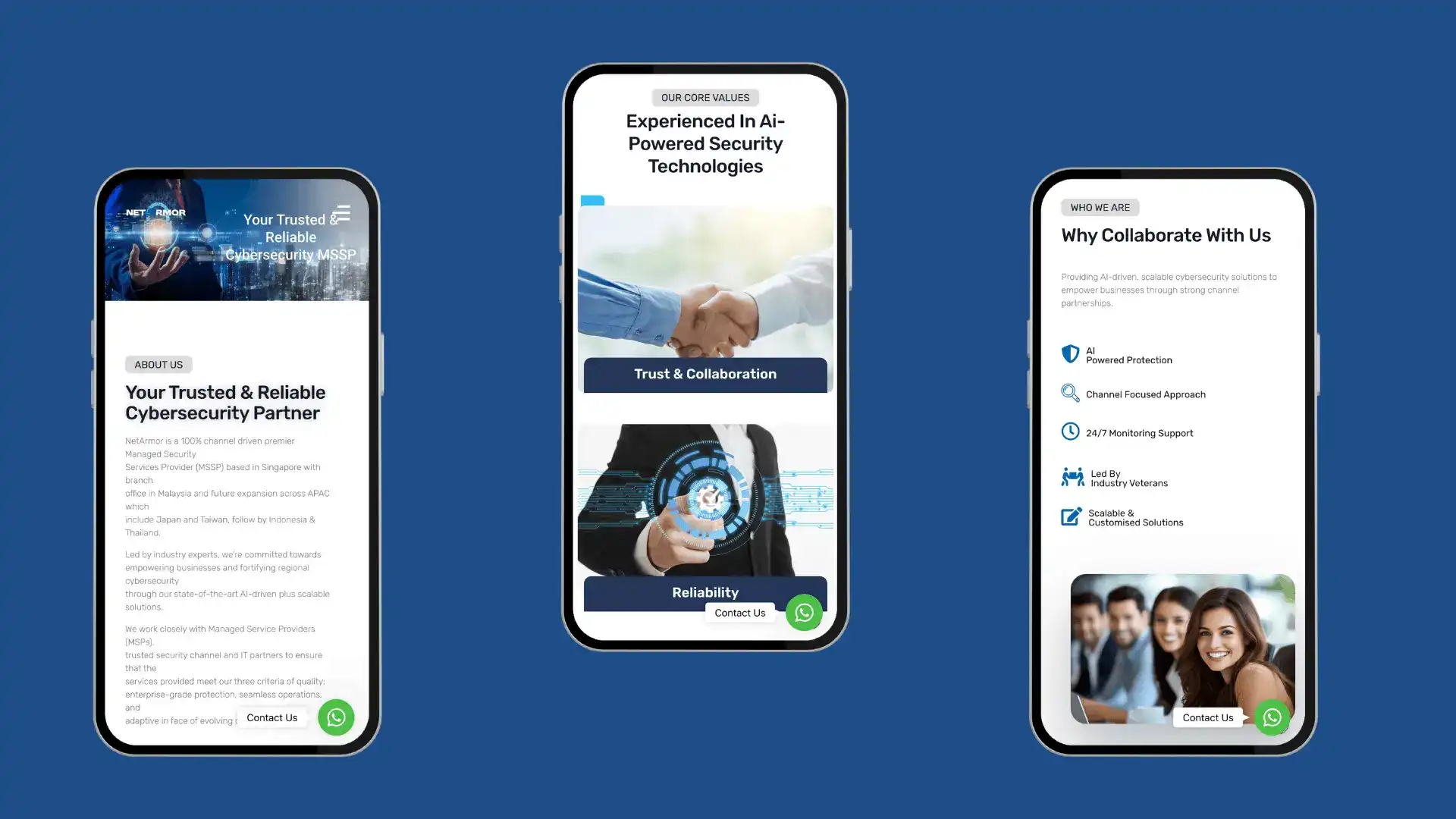 NetArmour cybersecurity mobile app mockups showcasing AI-powered security, trust, and collaboration.