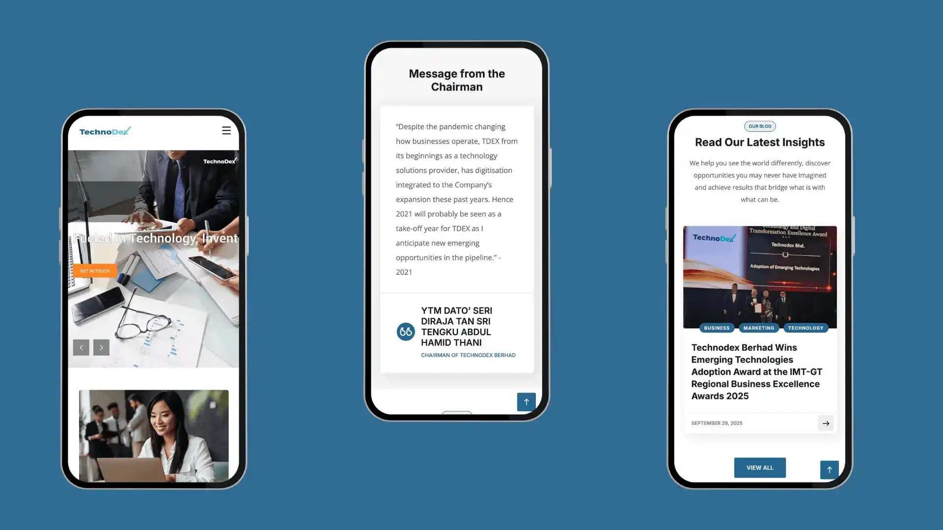 TechnoDex on mobile devices: Chairman's message, blog insights, and technology event promotion.