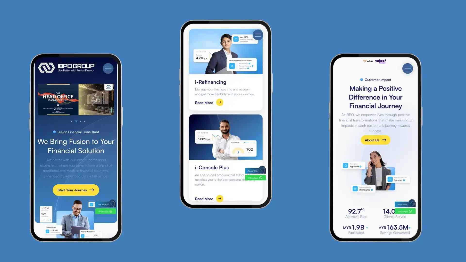 IBPO Group mobile app interface showcasing financial solutions like refinancing and personalized financial journeys.