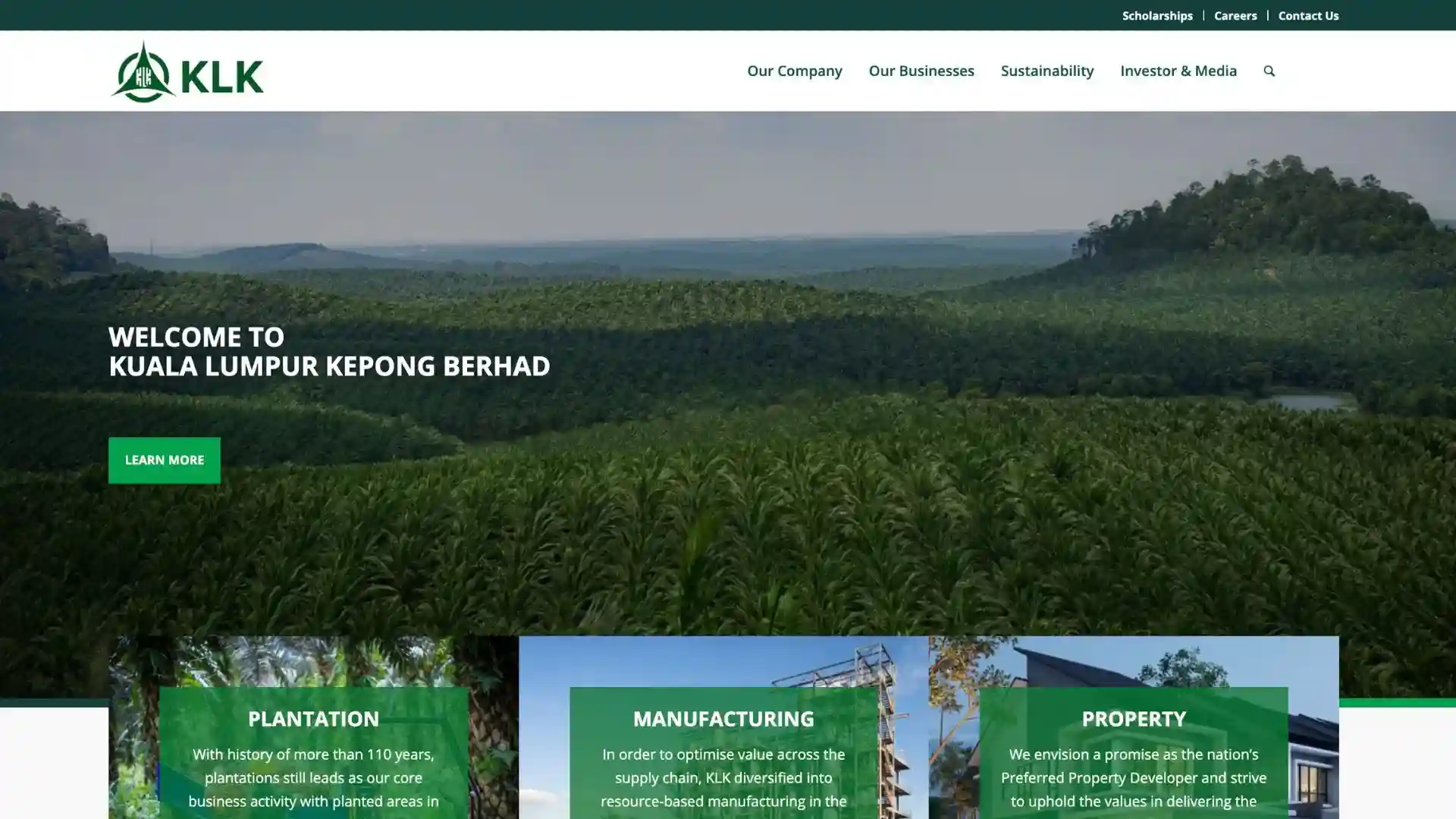 KLK: Lush green palm oil plantation landscape with the Kuala Lumpur Kepong Berhad website.