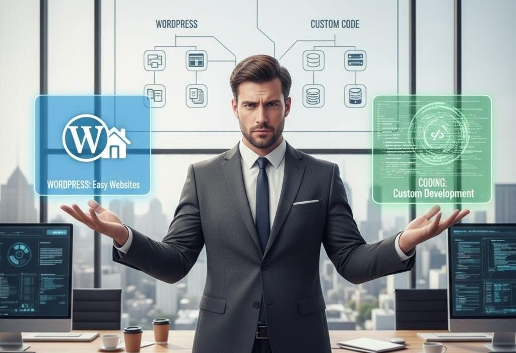 Businessman in office contemplating web development options