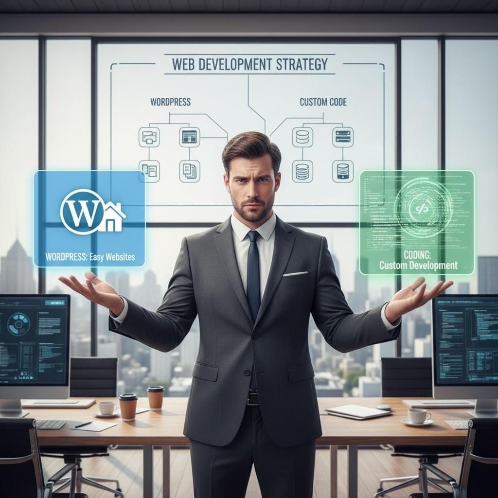 Businessman in office contemplating web development options