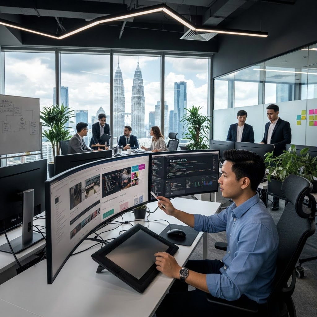 A specialist from a Grayscale360 in an office working to deliver high-quality custom wordpress development.