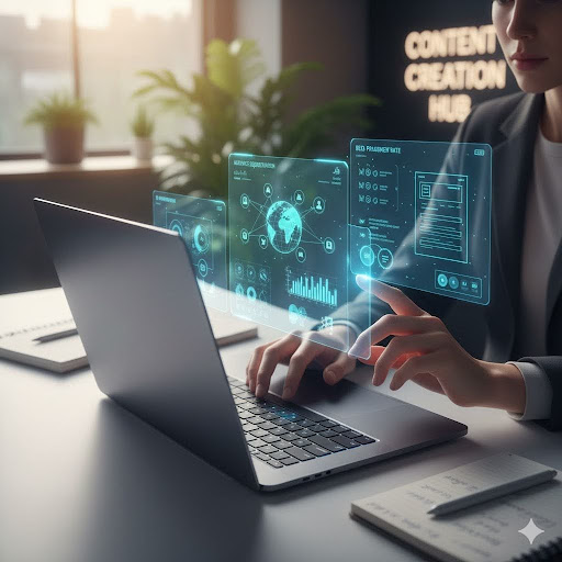Woman using laptop with holographic content creation data. Content Creation Hub visible in background.