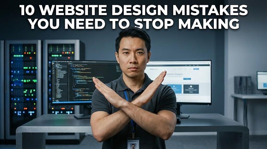 Man with crossed arms in front of computer screens, "10 Website Design Mistakes