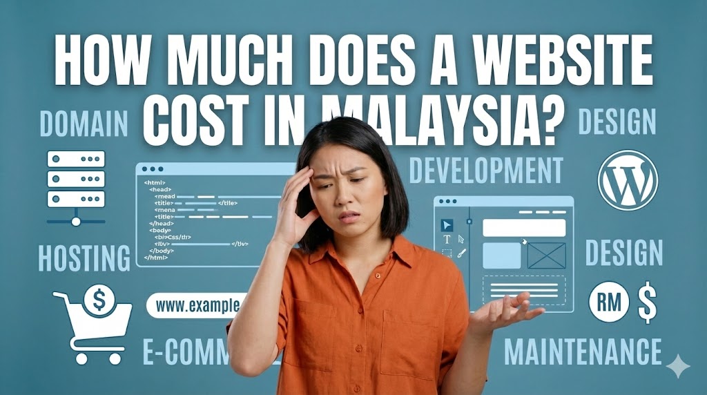 Website cost in Malaysia concept image: Woman looking confused surrounded by design and development elements.