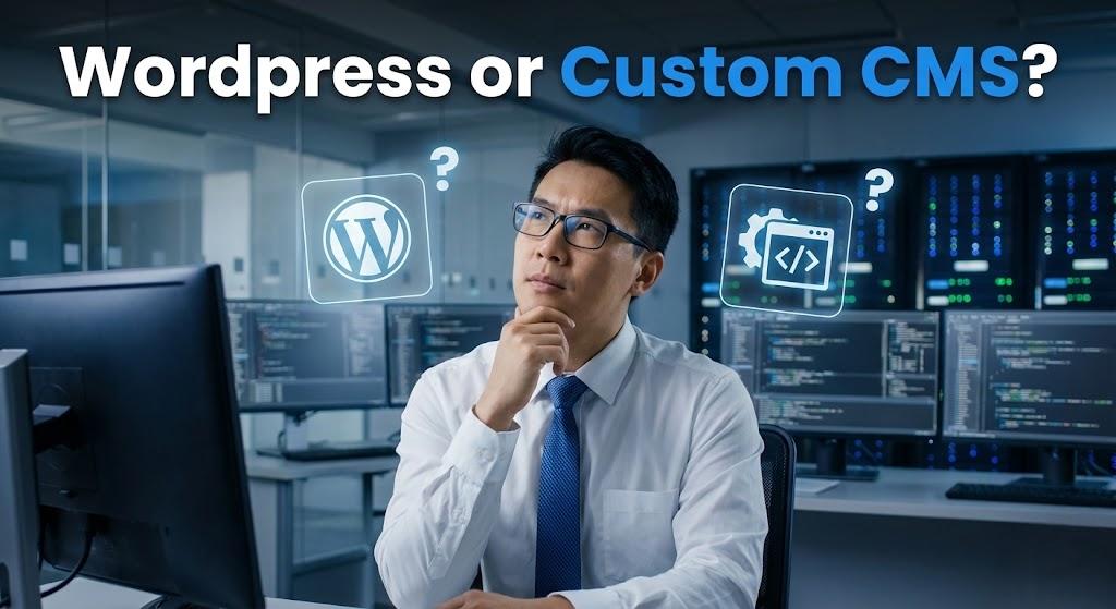 Man contemplates "WordPress or Custom CMS?" question. Software decision.