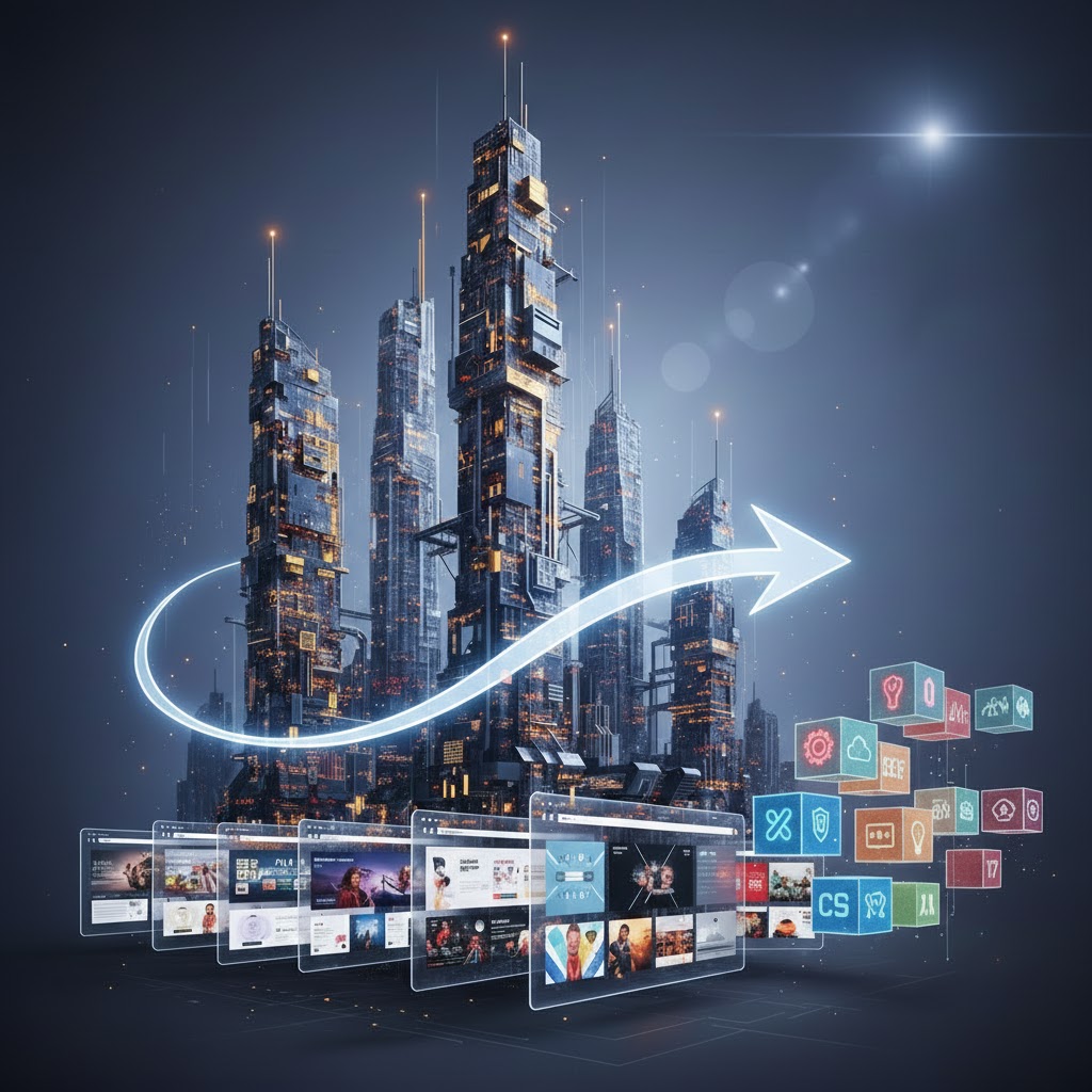 cityscape with 3d cubes showing web design icons and floating website screens for a website design kl agency