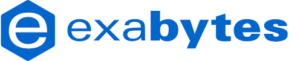 Exabytes logo with blue hexagon and the word "exabytes" in blue text.