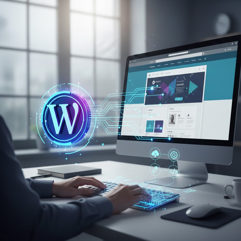 professional workspace featuring a developer working on a wordpress website